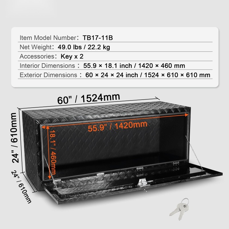 Alapuolinen säilytyslaatikko ajoneuvoon alumiiniseoksesta 1524×610×610 mm lukolla ja kahdella avaimella