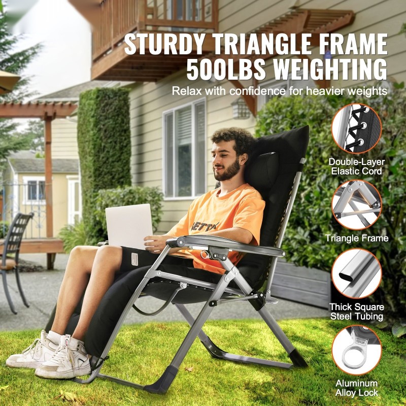 Taittuva painottomuustuoli 33 tuumaa leveä teräsrunko kestävä kangas musta säädettävä kallistuskulma