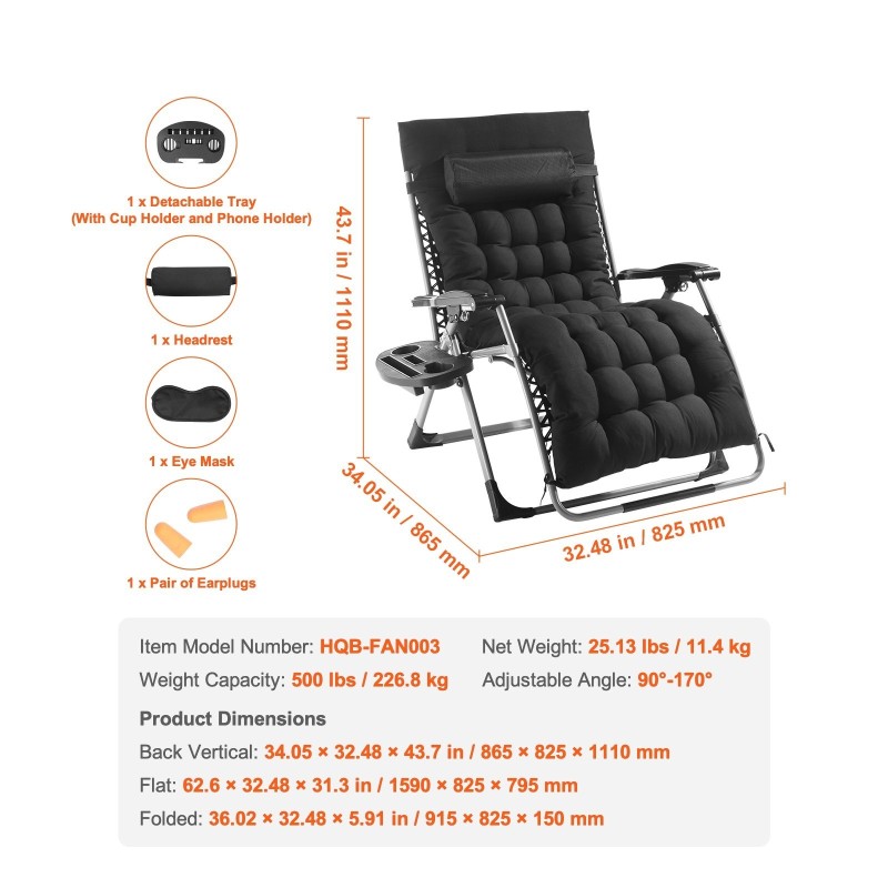 Taittuva painottomuustuoli 33 tuumaa leveä teräsrunko kestävä kangas musta säädettävä kallistuskulma