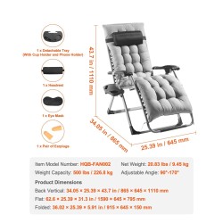 Taittuva säädettävä lepotuoli 26-tuumainen teräsrunko harmaa irrotettava puuvillapehmuste 226,8 kg kantavuus