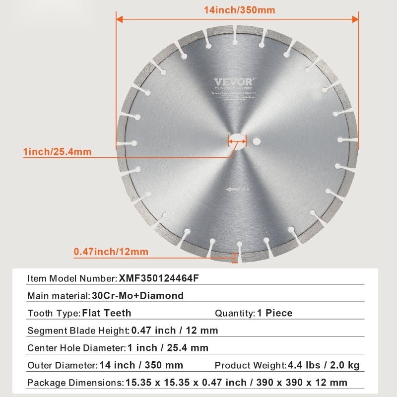 Timanttilaikka 350 mm betonille 12 mm segmenttikorkeus 25,4 mm keskiöreikä