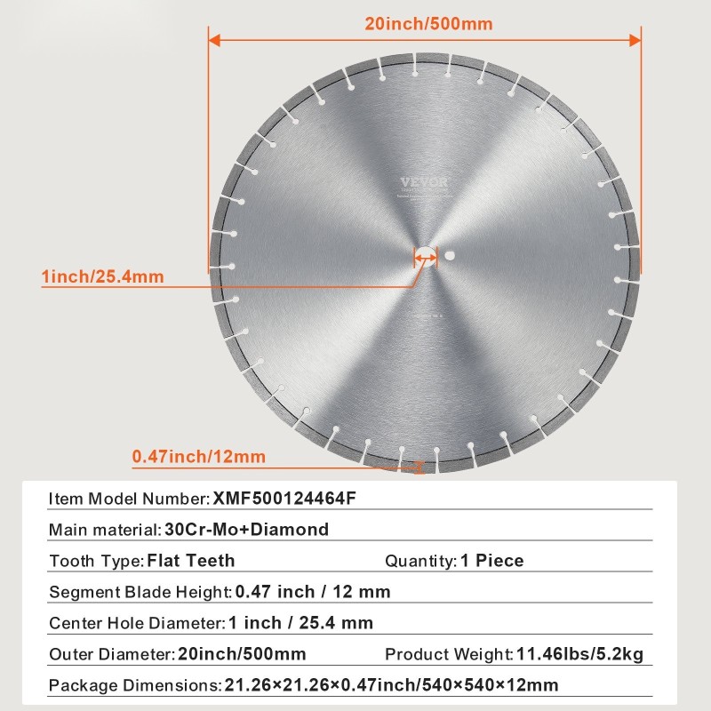 Timanttilaikka 500 mm 12 mm segmenttikorkeus 25,4 mm keskireikä kuiva ja märkä