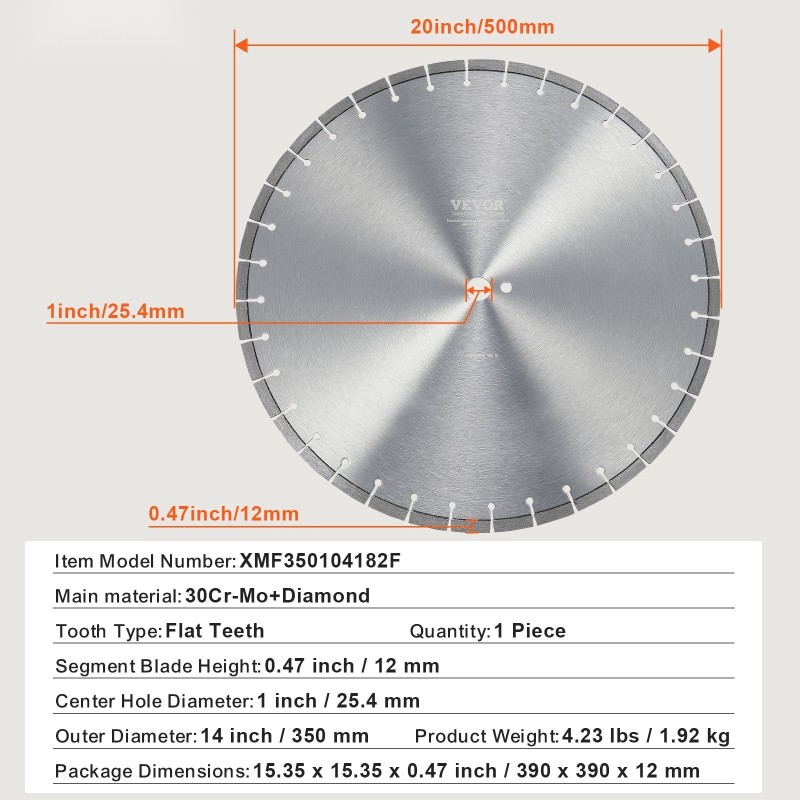 Timanttiterä betonisahaan 350 mm 10 mm timanttisegmentti 25,4 mm keskireikä