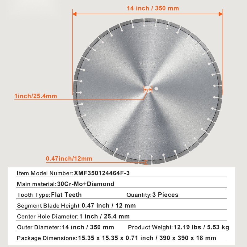 Timanttilaikka 350 mm 3 kpl 12 mm timanttisegmentti 25,4 mm keskireikä betonille