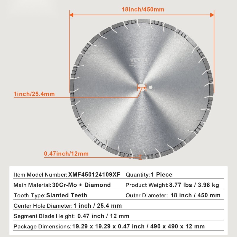 Timanttilaikka 450 mm viistohampainen 12 mm segmentti 25,4 mm keskireikä 1 kpl
