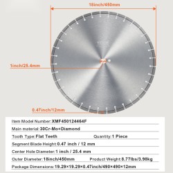 Timanttilaikka 450 mm 30Cr-Mo seosteräspohja timanttisegmentti 12 mm tasahampainen 25,4 mm keskireikä
