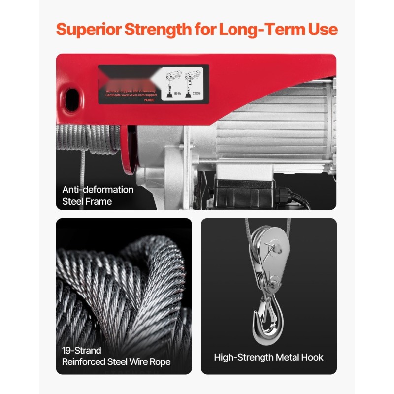 Sähkönostin seosteräsrunko päällystetty teräsvaijeri kaksiköysi 1000 kg yksiköysi 500 kg