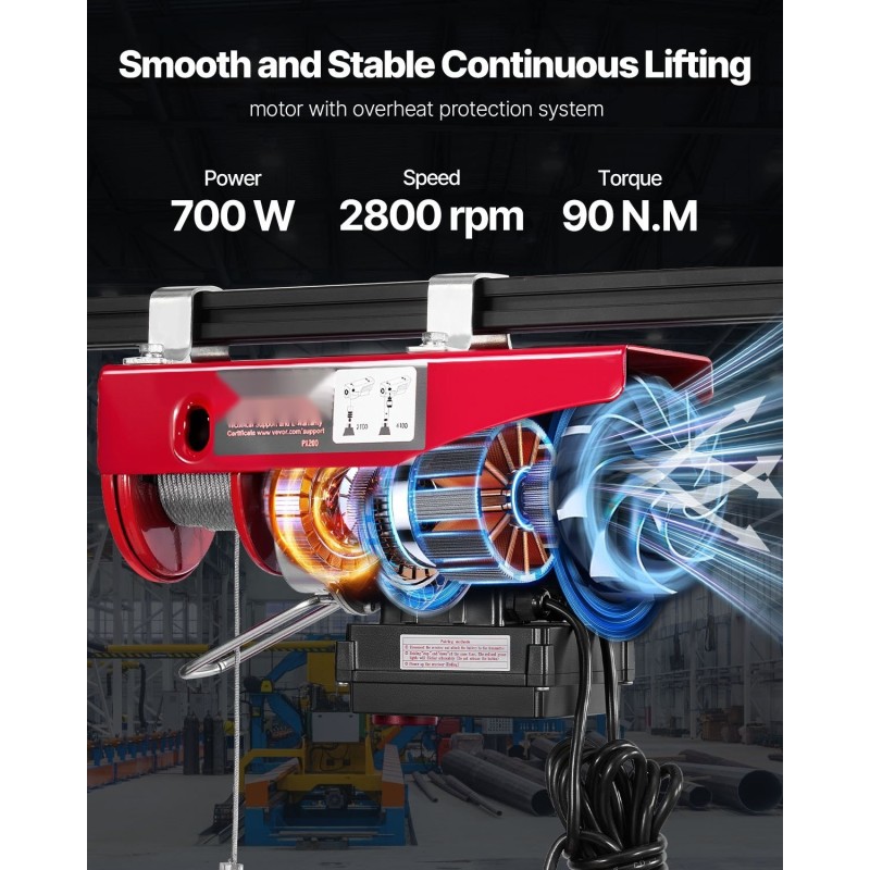 Sähkökäyttöinen vaijerivinssi seosteräksinen runko 200 kg langaton ja langallinen ohjaus