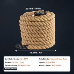 Juuttiköysi kolmisäikeinen 25,4 mm 15,24 m kiipeilyyn ja treeniin