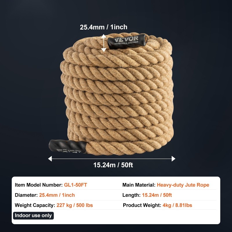 Juuttiköysi kolmisäikeinen 25,4 mm 15,24 m kiipeilyyn ja treeniin