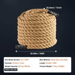 Kuntosalin juuttiköysi kiipeilyyn 25,4 mm 30,48 m kolmikierteinen