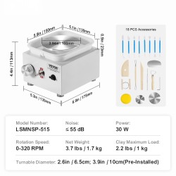 Sähköinen savenvalupyörä 0-320 kierrosta minuutissa irrotettava allas 2,56 ja 3,94 tuuman lautaset
