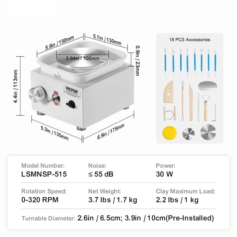 Sähköinen savenvalupyörä 0-320 kierrosta minuutissa irrotettava allas 2,56 ja 3,94 tuuman lautaset