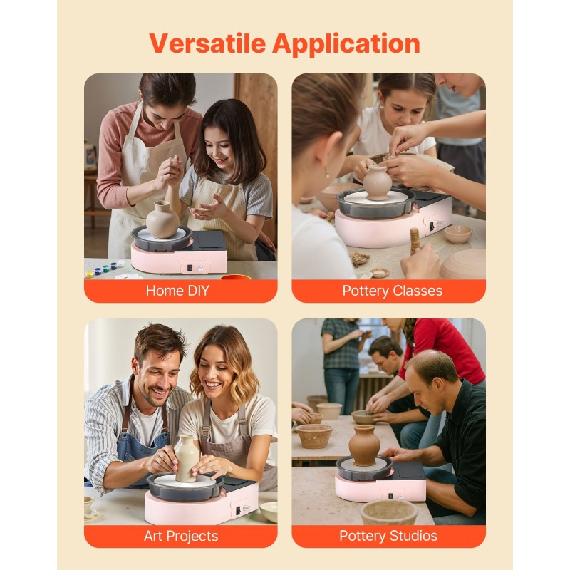 Mini keramiikkasorvi alumiinisella 158 mm lautasella säädettävä nopeus sisältää muotoilutyökalut pinkki