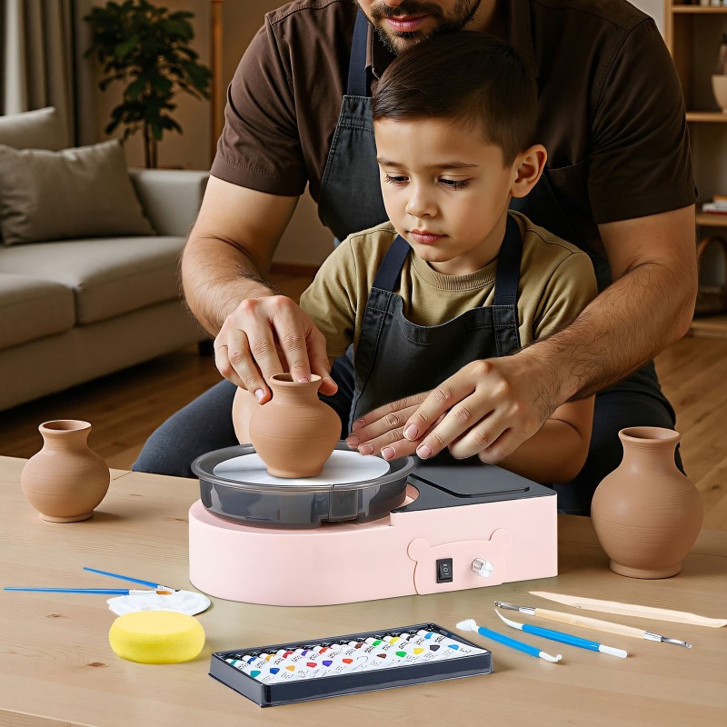 Mini keramiikkasorvi alumiinisella 158 mm lautasella säädettävä nopeus sisältää muotoilutyökalut pinkki