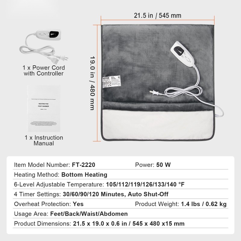 Sähkökäyttöinen flanellinen jalkalämmitin 545 x 480 mm 6 tasoa ajastin konepestävä