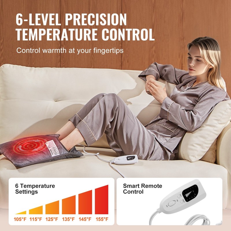 Sähkökäyttöinen flanellinen jalkalämmitin 39 x 38 cm kaksipuolinen 6 lämmitystasoa ajastin