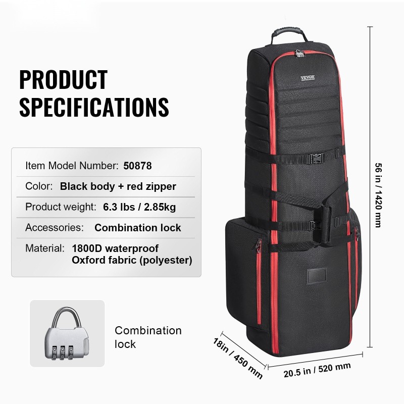 Golf-matkalaukku pehmustettu 1800D vedenpitävä Oxford-kangas pyörillä taitettava lukittavilla vetoketjuilla