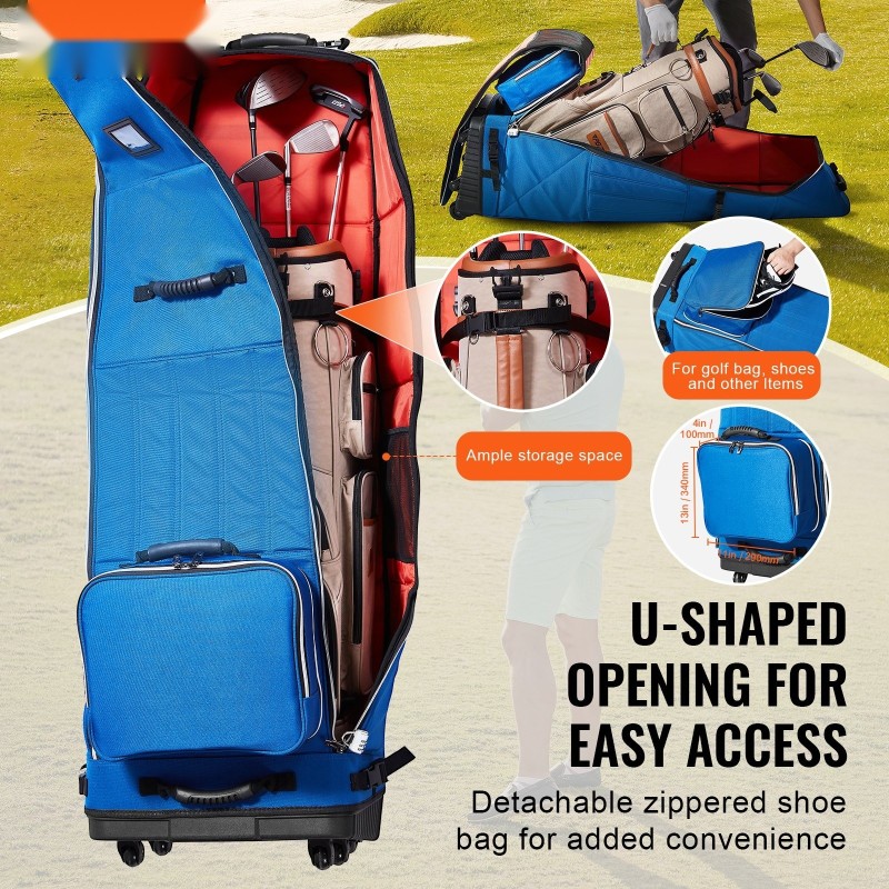 Pehmeäsivuinen golf-matkalaukku 1200D Oxford-kangas vedenpitävä pehmustettu pyörillä taittuva