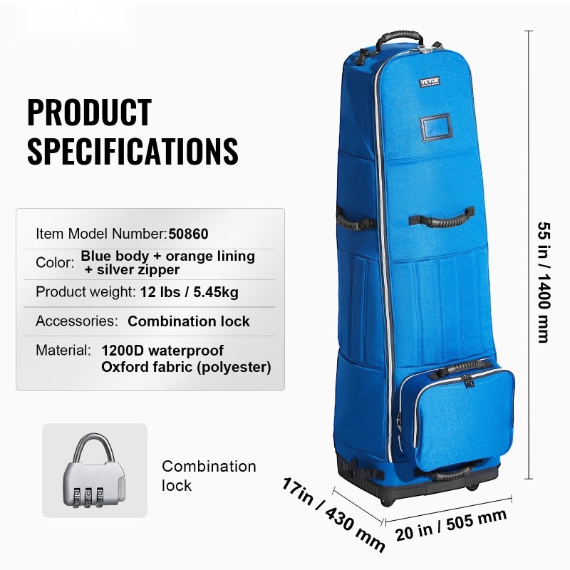 Pehmeäsivuinen golf-matkalaukku 1200D Oxford-kangas vedenpitävä pehmustettu pyörillä taittuva