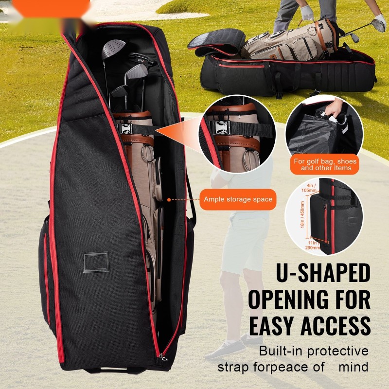 Golfmatkalaukku 1800D Oxford polyesteri pehmustettu vedenpitävä pyörillä taitettava 520x450x1420 mm