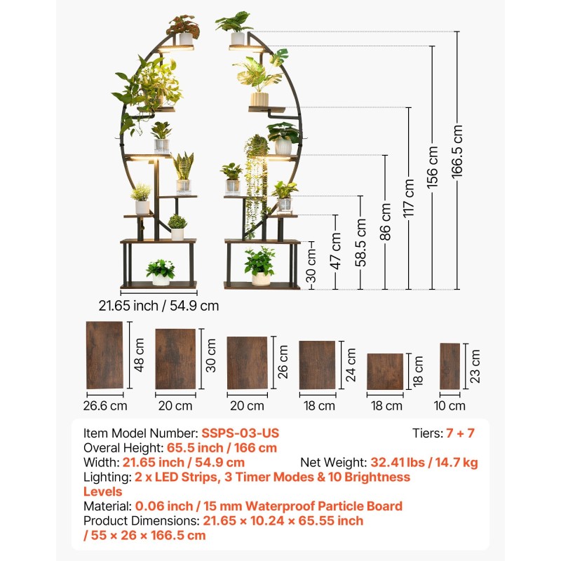 Sisäkukkateline rautarunko vedenpitävä lastulevy 166,5 cm 7+7 hyllyä täyden spektrin valoilla