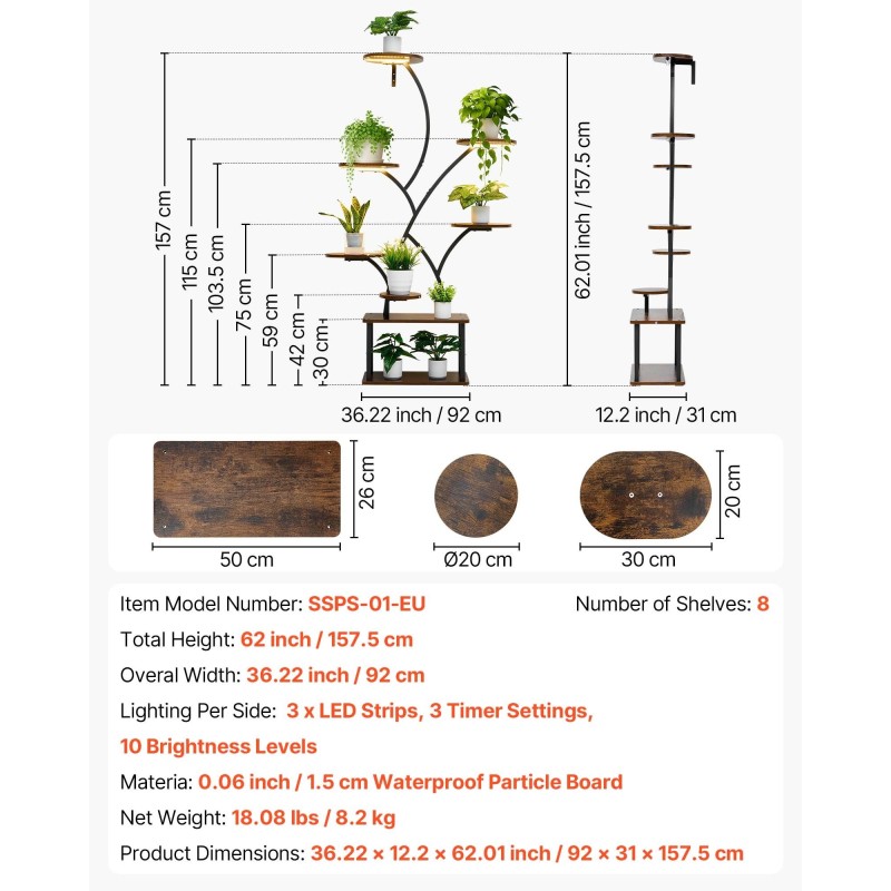 Kukkateline sisäkäyttöön metallirunko lastulevyhyllyt kulmarakenne 8 hyllyä 157,5 cm täysspektrivaloilla