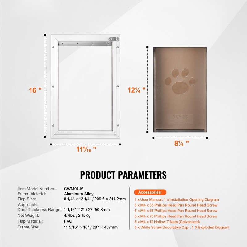 Lemmikkiovi alumiiniseosrunko PVC läpällä koko M valkoinen sisä tai ulko-oveen
