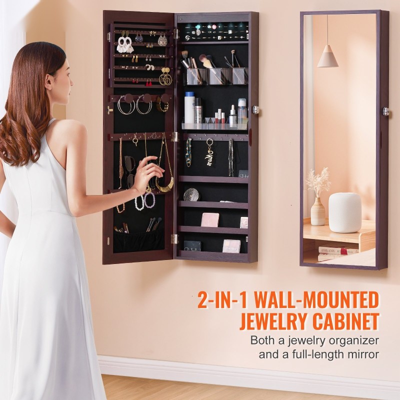 Peilillinen korukaappi samettivuoraus LED-sisävalaistus seinä tai oviasennus 1080 mm ruskea