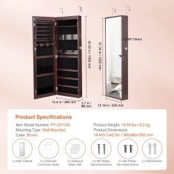 Peilillinen korukaappi samettivuoraus LED-sisävalaistus seinä tai oviasennus 1080 mm ruskea