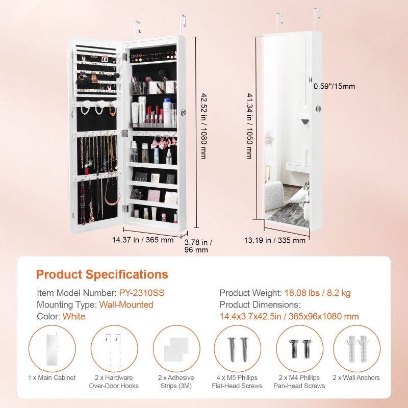 Korukaappi täyspitkällä peilillä 108 cm MDF samettivuori lukittava LED-valoilla