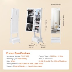 Kokovartalopeili säilytyskaappi valkoinen MDF samettiverhoilu lukittava LED-valaistus 3 vetolaatikkoa 157 cm