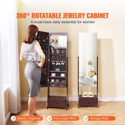 Seisova korupeilikaappi täyspitkällä peilillä samettivuoraus lukittava LED-valaistus laatikoilla ruskea