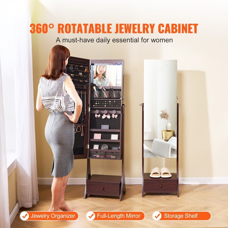 Seisova korupeilikaappi täyspitkällä peilillä samettivuoraus lukittava LED-valaistus laatikoilla ruskea