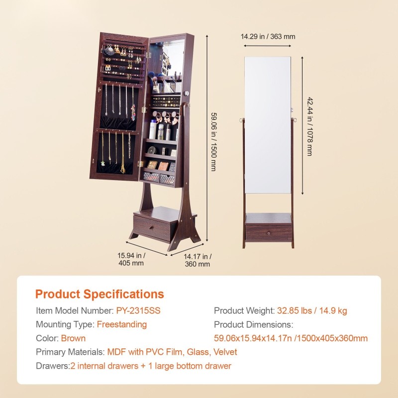 Seisova korupeilikaappi täyspitkällä peilillä samettivuoraus lukittava LED-valaistus laatikoilla ruskea