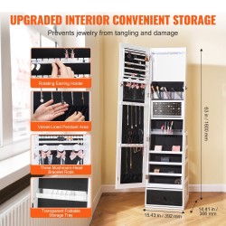 Lattialla seisova kokovartalopeili korukaappi samettivuoraus 360 asteen kääntyvä avaimeton lukitus LED-valaistus valkoinen