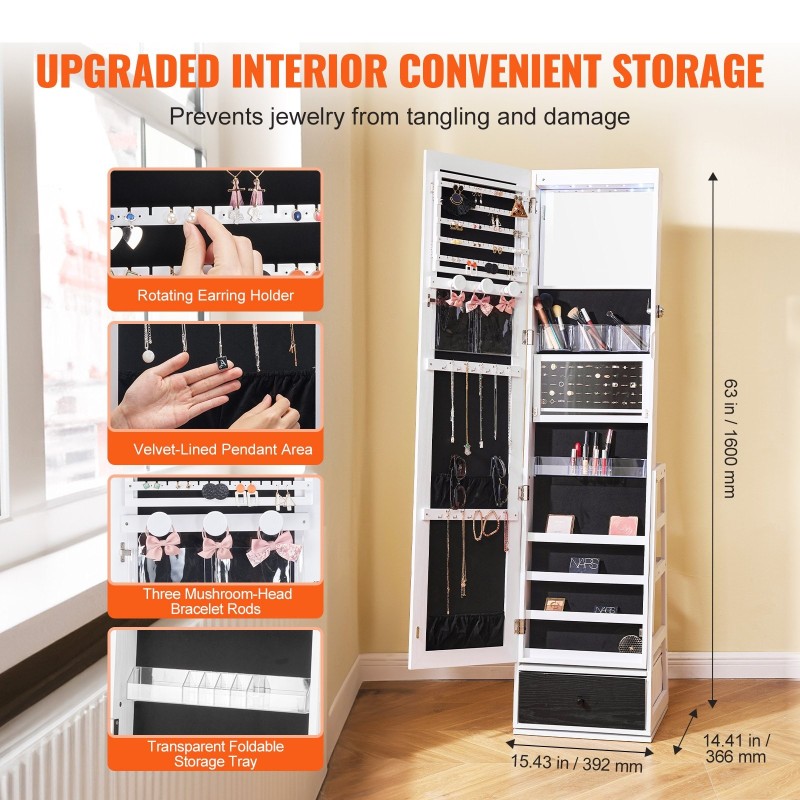 Lattialla seisova kokovartalopeili korukaappi samettivuoraus 360 asteen kääntyvä avaimeton lukitus LED-valaistus valkoinen