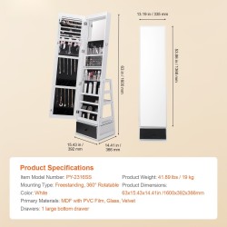 Lattialla seisova kokovartalopeili korukaappi samettivuoraus 360 asteen kääntyvä avaimeton lukitus LED-valaistus valkoinen