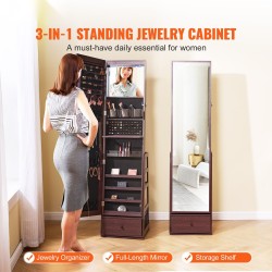 Kokovartalopeili korukaappi MDF samettivuorattu lukittava LED valo ruskea 360 asteen