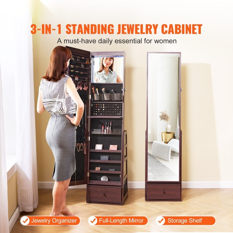 Kokovartalopeili korukaappi MDF samettivuorattu lukittava LED valo ruskea 360 asteen