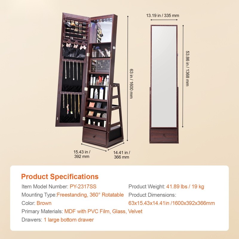 Kokovartalopeili korukaappi MDF samettivuorattu lukittava LED valo ruskea 360 asteen