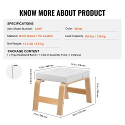 Joogapenkki päälläseisontaan koivurunko PU-nahkainen pehmuste 65 mm 136 kg valkoinen