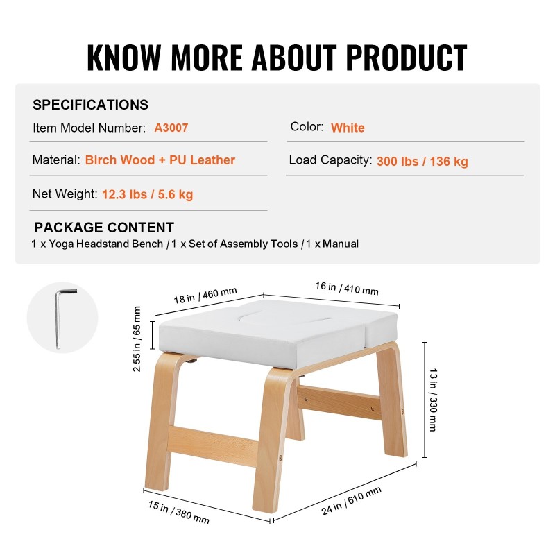 Joogapenkki päälläseisontaan koivurunko PU-nahkainen pehmuste 65 mm 136 kg valkoinen