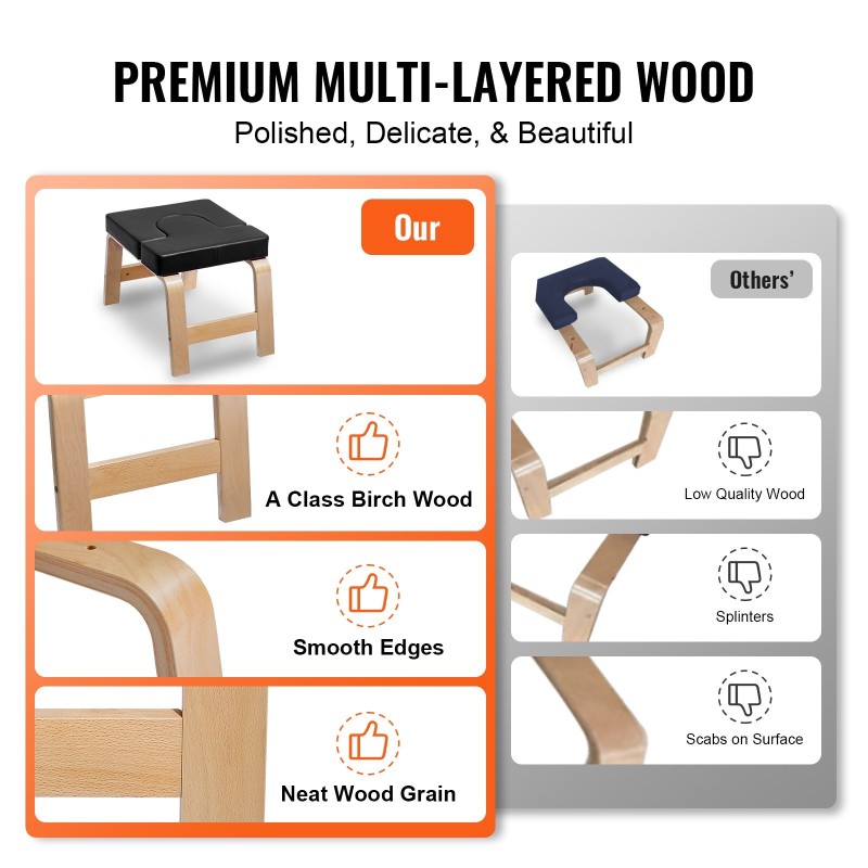 Joogapenkki päälläseisontaan koivurunko 65 mm PU-nahkapehmuste 136 kg kantavuus musta