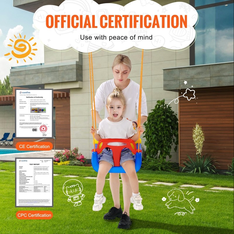 Lapsikeinu kolmikäyttöinen polyeteeni-istuin 91 kg kantavuus säädettävät köydet sisä- ja ulkokäyttöön