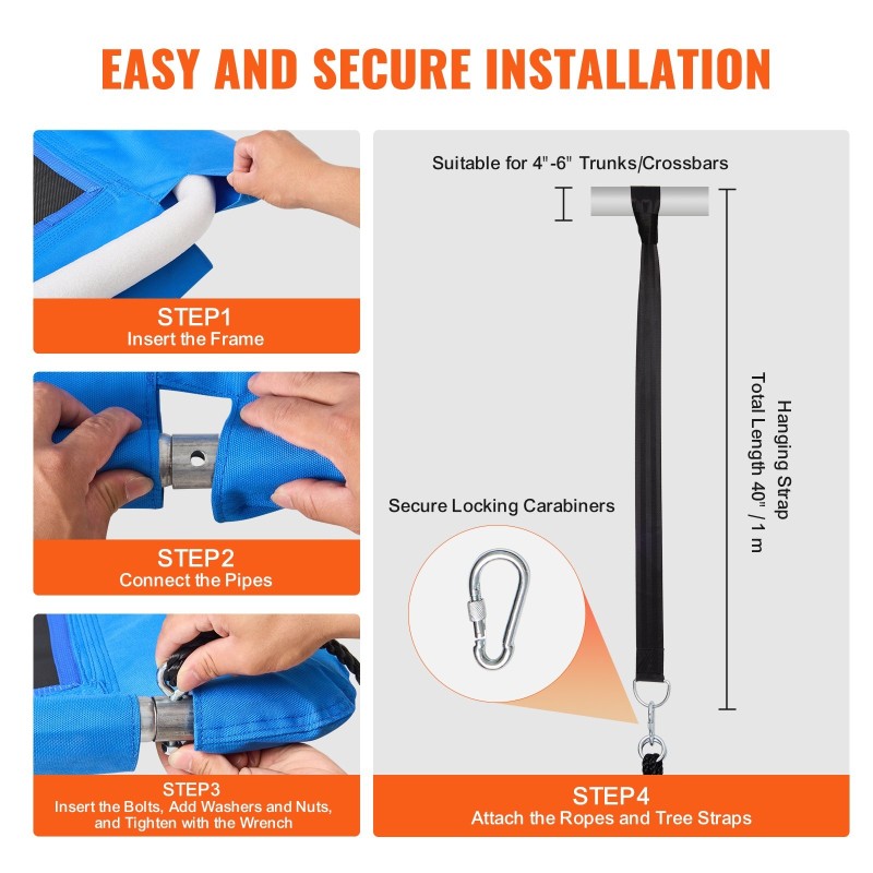 Puukeinu 60 tuumaa 900D Oxford-kangas sininen 317 kg kantavuus puunripustusremmit