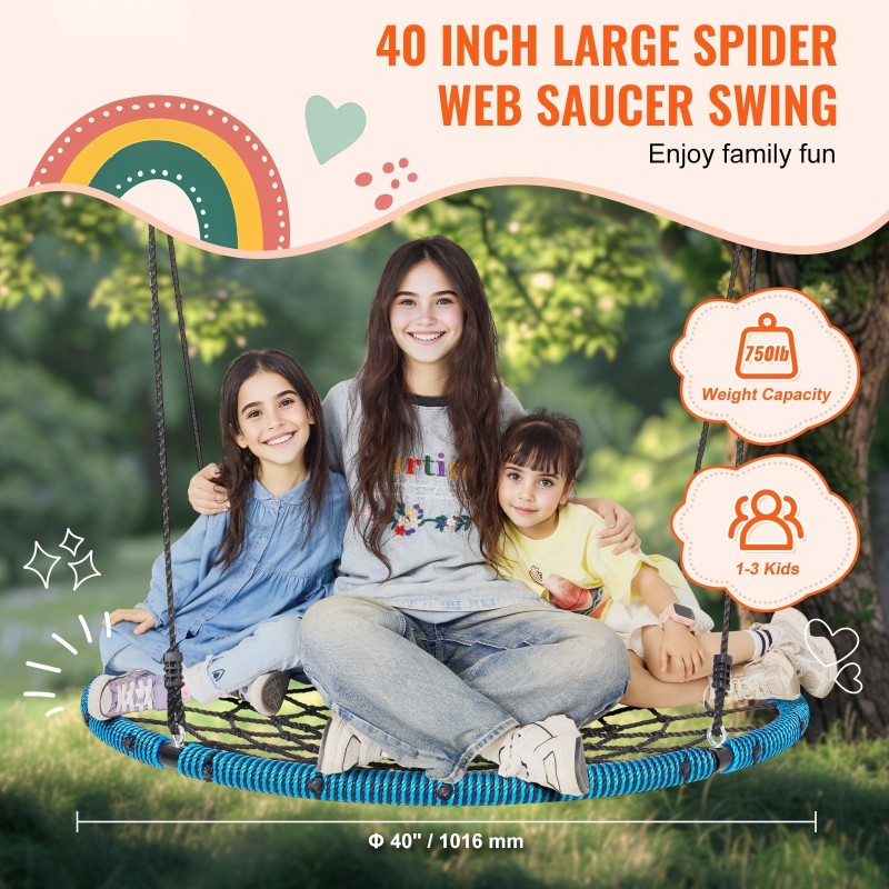 Hämähäkinseitti-lautanenkeinu 1016 mm halkaisija 340 kg kantavuus säänkestävät PE-köydet säädettävät ripustusköydet