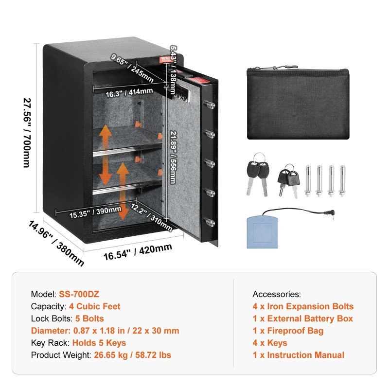 Kassakaappi seosterästä 113 l yhden oven musta avain- ja salasanalukolla paloturvallinen laukku
