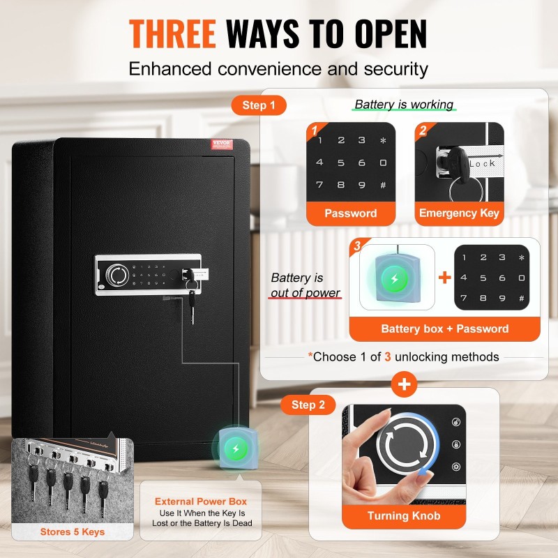 Turvakaappi seosteräksinen 99 l musta avain- ja salasanalukolla LED-valaistuksella kaksi hyllyä