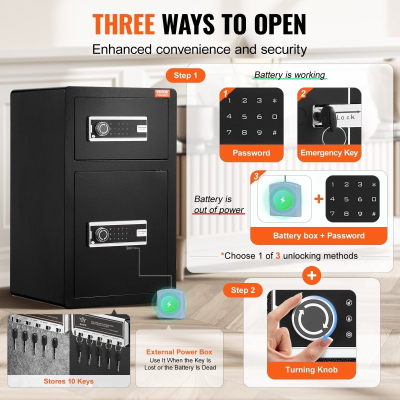 Turvakaappi seosteräksinen 4,5 kuutiojalkaa avain ja salasanalukitus palonkestävä pussi LED valaistus